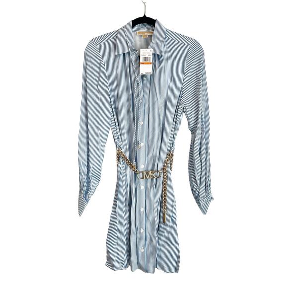 MICHAEL Michael Kors Blueberry Pinstripe Logo Gold Belted Minidress Size S NWT - Picture 11 of 12